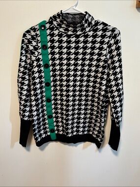 Alison Sheri Houndstooth Mock Neck Sweater with Green Button-Trim